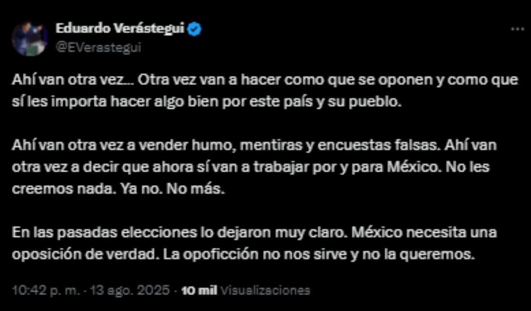 Post de Eduardo Verástegui. Foto: Captura de pantalla tomada de la cuenta de X de @EVerastegui.