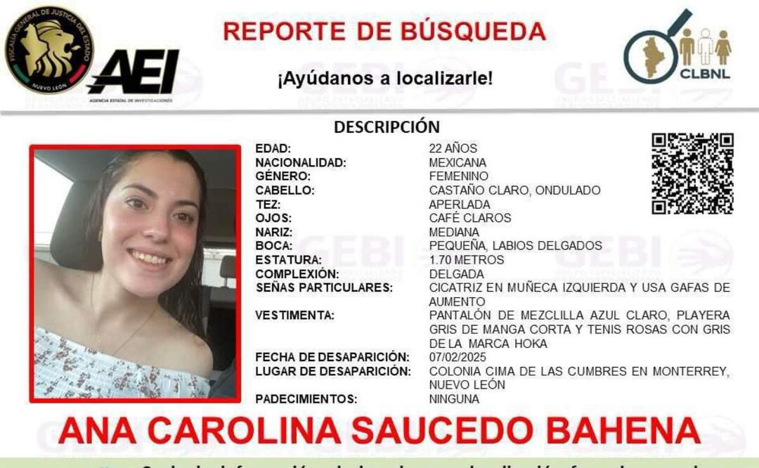 Ana Carolina Saucedo Bahena fue reportada como desaparecida la mañana del viernes en Monterrey, Nuevo León (08/02/2025). Foto: Especial