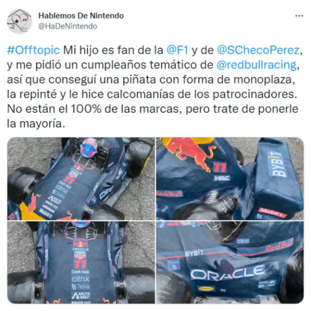 Niño festejó su cumpleaños con temática de Red Bull; la piñata fue el monoplaza de Checo Pérez