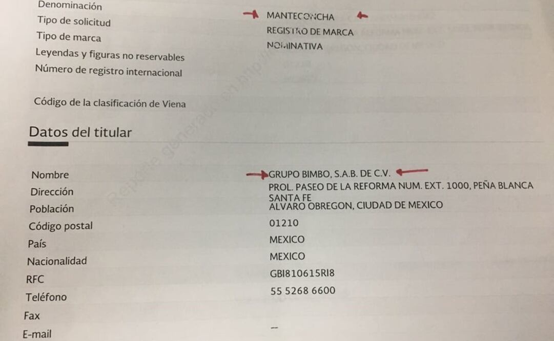 Registro ante el IMPI del nombre manteconchas. Foto: Especial