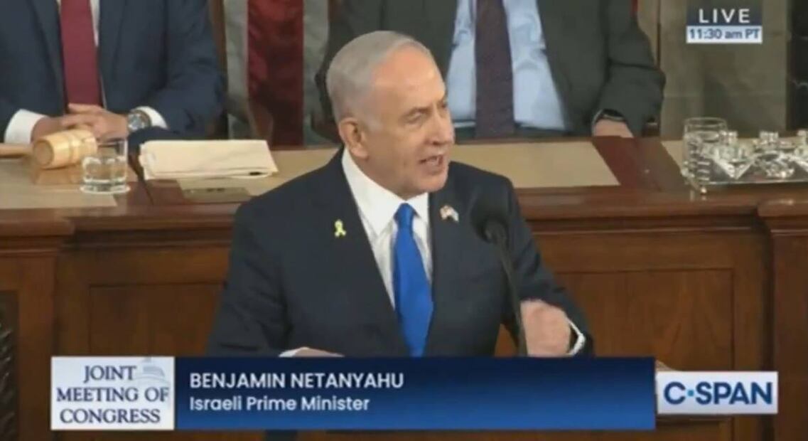 Primer ministro israelí, Benjamín Netanyahu durante discurso en EU. Foto: Captura tomada de video