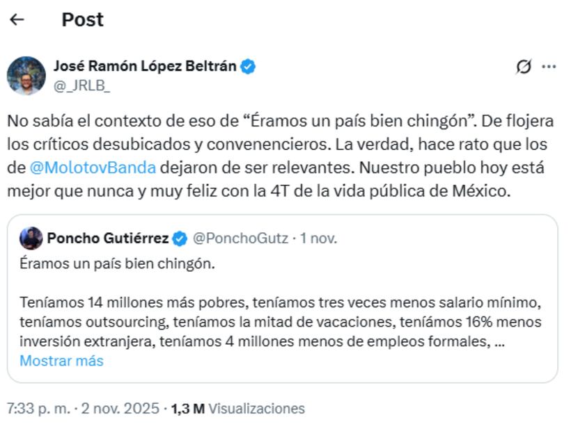 Tuit José Ramón López Beltrán del domingo 2  de noviembre 2025.
Imagen: X