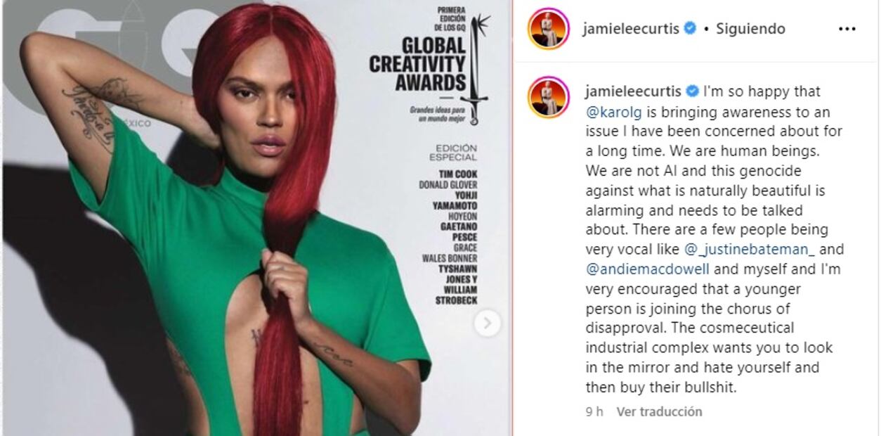 Karol G en la revista GQ, junto al comentario de Jamie Lee Curtis. Foto: Instagram.