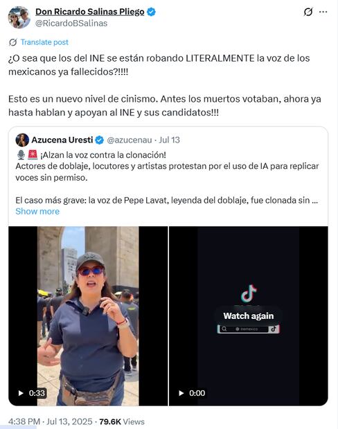 El empresario Salinas Pliego mostró indignación ante la reciente situación que preocupa a cientos de artistas y actores de doblaje. Foto: Captura de pantalla 'X'