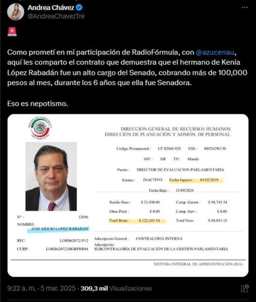 La senadora de Morena publicó en su cuenta de X la presunta prueba de que el hermano de Kenia López, José Bricio López Rabadán, fue alto cargo de la Cámara Alta. Foto: Captura de Pantalla