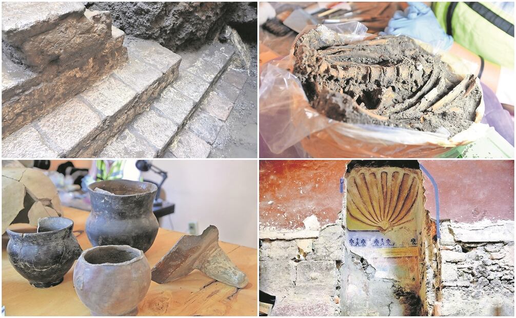 Entre los hallazgos están (arriba) una escalinata muy bien conservada que, según los investigadores, pudo ser una de las entradas al Recinto Sagrado de Tenochtitlán. Abajo, la arqueóloga Moramay Estrada trabaja en otras piezas que han emergido de los suelos de San Ildefonso 28 / Arriba, especialistas estudian restos óseos de mujeres, hombres, niños, fetos y, presumiblemente monjas, tras su hallazgo en el predio del Centro Histórico. Abajo, un impresionante muro de estuco rojo que marcaba el perímetro del Convento de Santa Catalina de Siena. Fotos: Inah