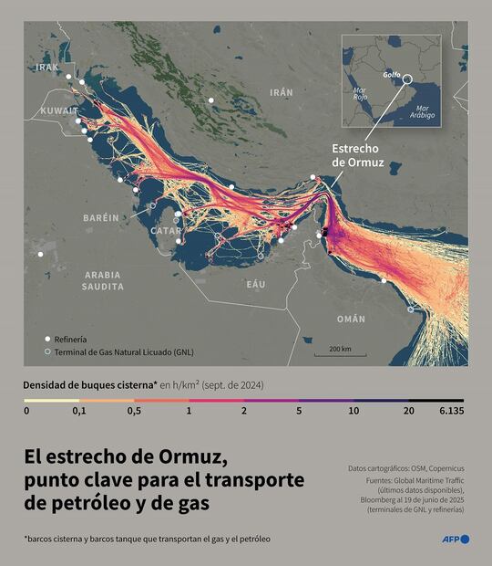 El Estrecho de Ormuz, un punto estratégico para el transporte de crudo y  gas, que Irán amenaza con bloquear. FOTO: AFP
