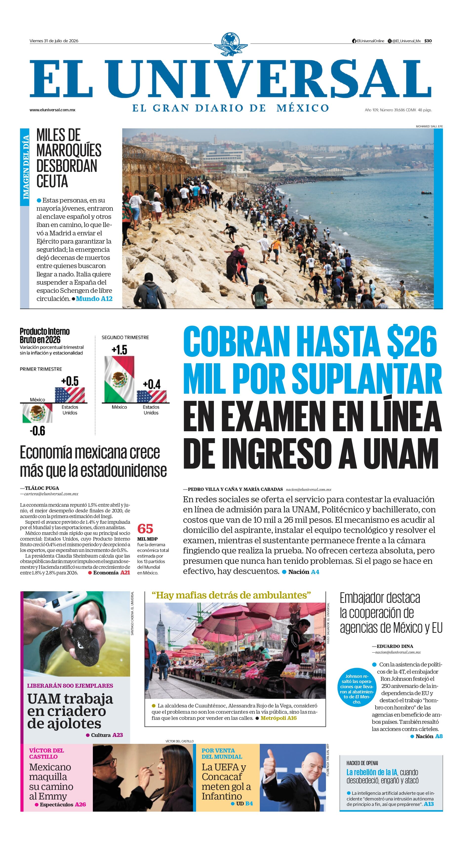 Portada impresa del 31 de julio de 2026