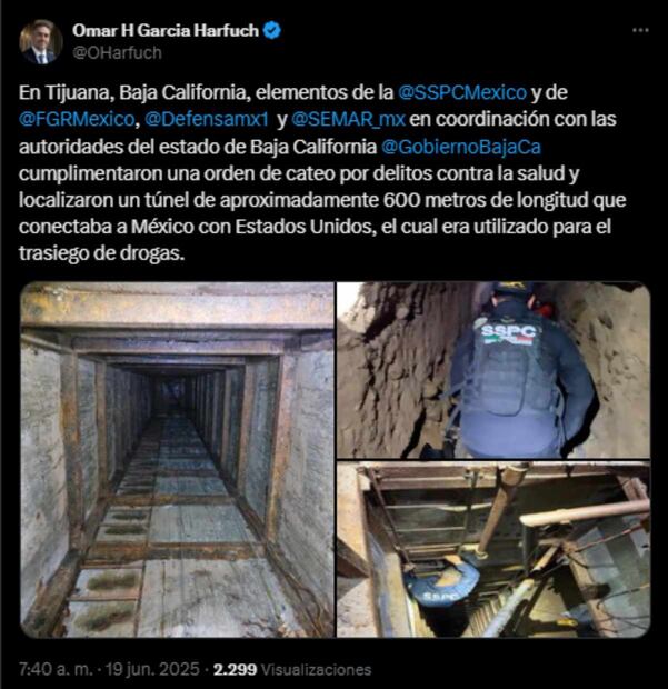 Omar García Harfuch, titular de la SSCP, reporta la localización de un túnel que conecta a México con Estados Unidos. Foto: Captura de pantalla de la cuenta de @OHarfuch.