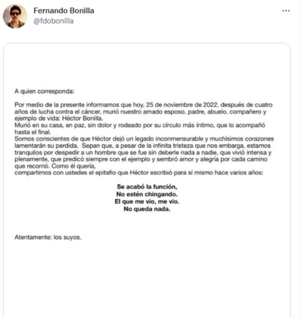 Muere el actor Héctor Bonilla a los 83 años 