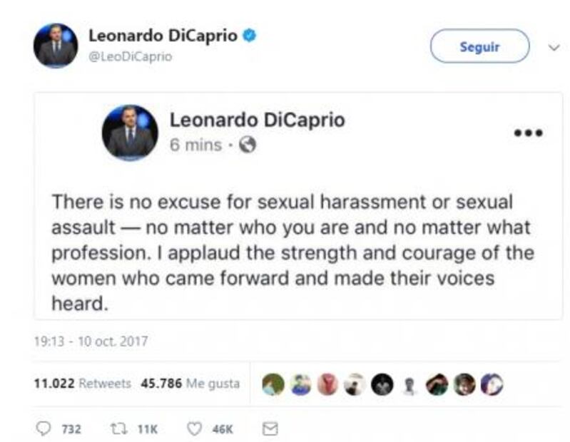 "No hay excusa para el acoso sexual", dice DiCaprio sobre Weinstein