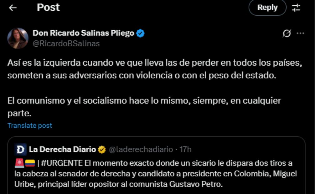 Desde México, el empresario Ricardo Salinas Pliego no tardó en emitir una opinión que causó revuelo. En su publicación, el dueño de Grupo Salinas escribió.
Foto: Captura de pantalla en X