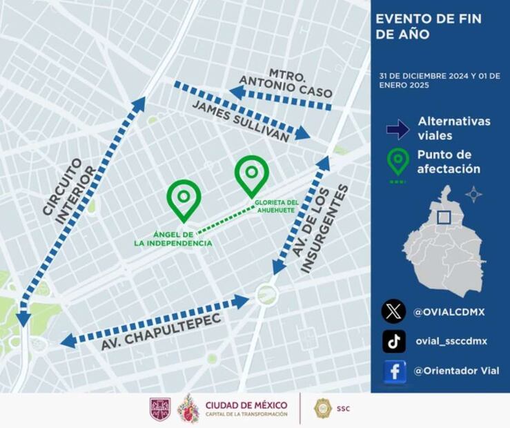 Por las celebraciones en Av. Paseo de la Reforma entre el Ángel de la Independencia y la Glorieta del Ahuehuete, se encontrarán cortes a la circulación entre Circuito Interior y Av. Insurgentes. Foto: X @OVIALCDMX