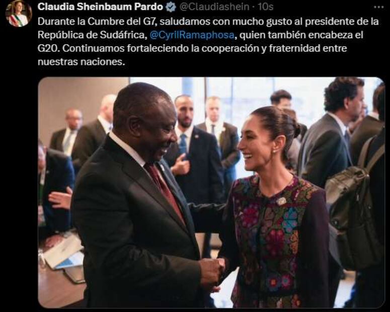 Claudia Sheinbaum con el presidente de la República de Sudáfrica. Foto: Captura de pantalla