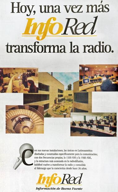 Publicidad de Infored, empresa informativa de Gutiérrez Vivó. En 2001, EL UNIVERSAL consideró que el modelo del periodista era “el más acabado concepto noticioso de la radio mexicana”, tras más de 25 años de transmisiones ininterrumpidas. Foto: Foto: Hemeroteca EL UNIVERSAL.