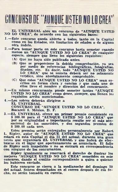Convocatoria para el concurso “Aunque UD. no lo Crea”, organizado por EL UNIVERSAL y Robert Ripley en 1938. El tiempo para registrar concursantes terminó a la medianoche del 20 de noviembre. Foto: Hemeroteca EL UNIVERSAL.