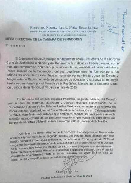 Carta de renuncia de la presidenta de la SCJN, Norma Lucía Piña. Foto: Especial
