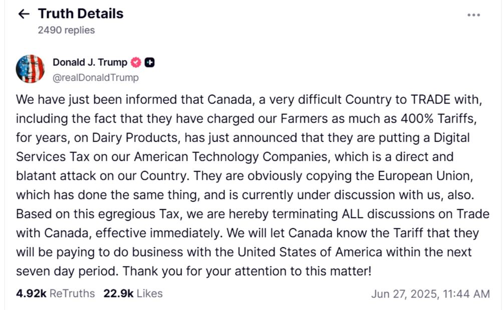 Donald Trump a través de su cuenta oficial de Truth Social. Foto: captura de pantalla