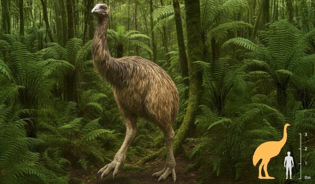 Una representación de la especie más grande de moa, el moa gigante de la Isla Sur. Foto: Cortesía de Colossal Biosciences vía AP.