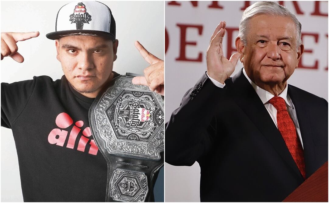 Rapero Aczino (izquierda) y AMLO. Foto: Ariel Ojeda. EL UNIVERSAL y Berenice Fregoso. EL UNIVERSAL