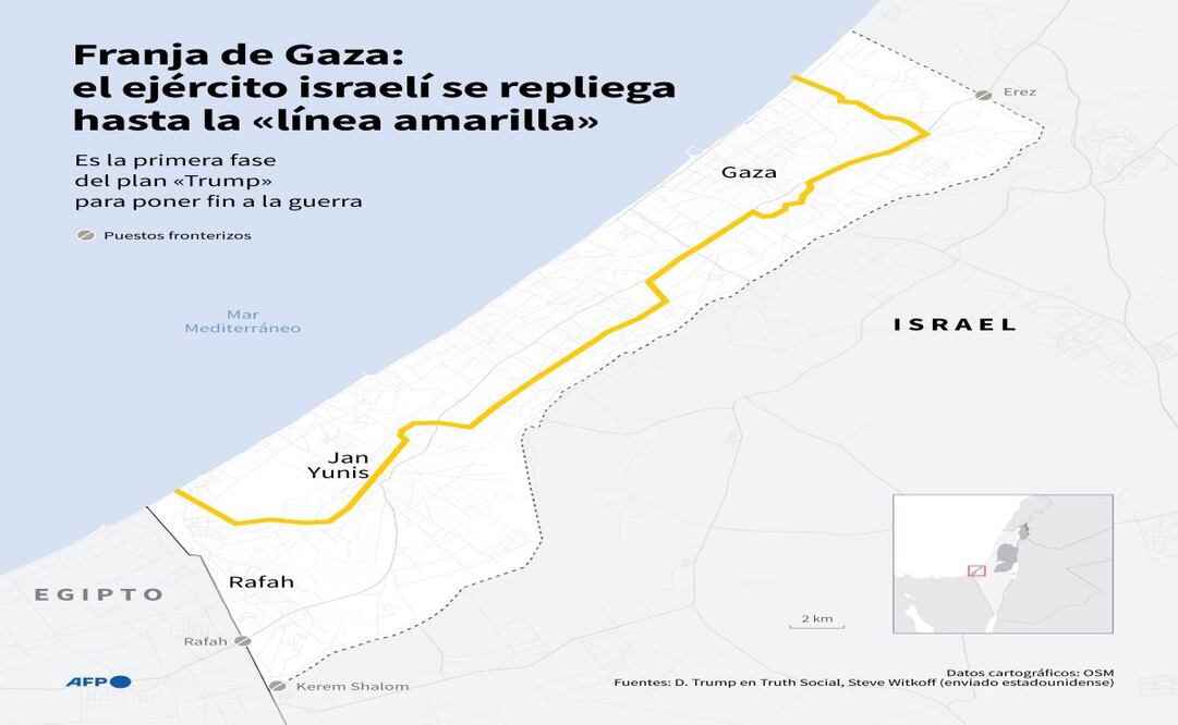 Mapa de la Franja de Gaza que muestra la "línea amarilla" tras la cual se replegaron las tropas estadounidenses el 10 de octubre, según el enviado estadounidense Steve Witkoff. Foto: AFP