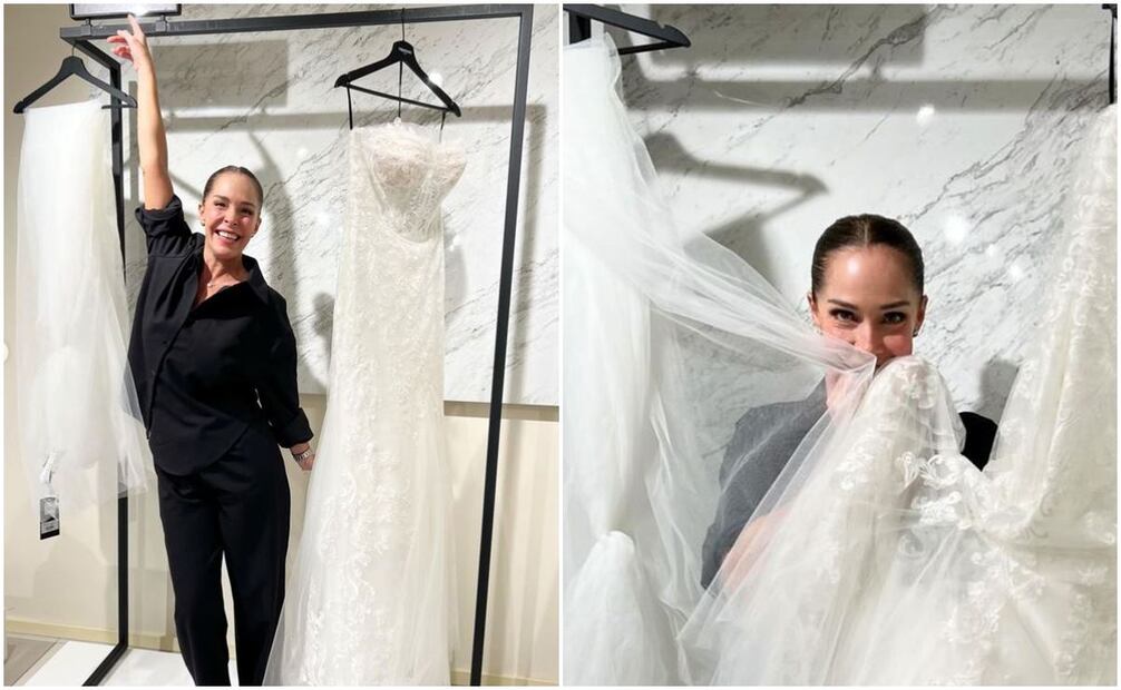 Sharis Cid posa feliz con un vestido de novia; prepara su matrimonio con Pedro Canavati.