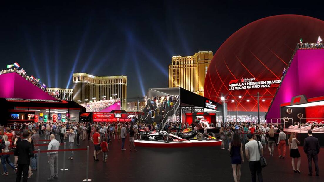 T-Mobile Sphere Zone tiene de fondo la nueva estructura esférica más grande del planeta; la Sphere Fan Zone tendrá espectáculos y actividades. Foto: LVCVA
