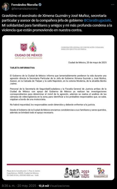 Gerardo Fernández Noroña, presidente del Senado, lamentó el asesinato de Ximena Guzmán y José Muñoz. Foto: Captura de pantalla de la cuenta de X de @fernandeznorona