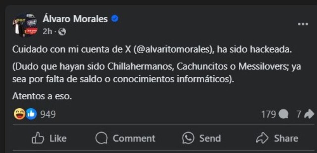Álvaro Morales informó en redes sociales que fue hackeado