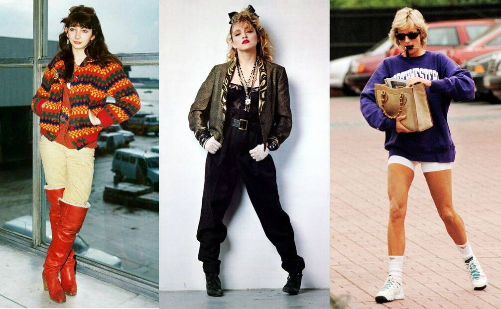 El poder femenino resonaba con artículos como las vibrantes botas rojas de la cantante Kate Bush (izq.), el estilo urbano y desafiante de Madonna (centro) o el refinado conjunto deportivo de la princesa Diana del Reino Unido. Imágenes: Pinterest.