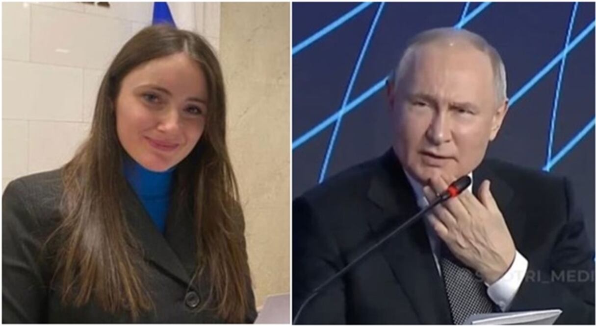 Irene cecchini, estudiante italiana, y el presidente ruso, Vladimir Putin, durante una conferencia en Moscú. FOTO: ESPECIAL