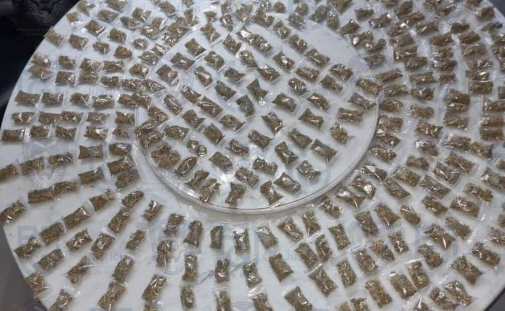 En el domicilio se encontraron aproximadamente 700 dosis de sustancia de color blanco, así como una bolsa con casi 400 gramos del mismo elemento, con características propias de la cocaína; alrededor de 387 dosis adicionales de vegetal verde, posible marihuana Foto: Especial