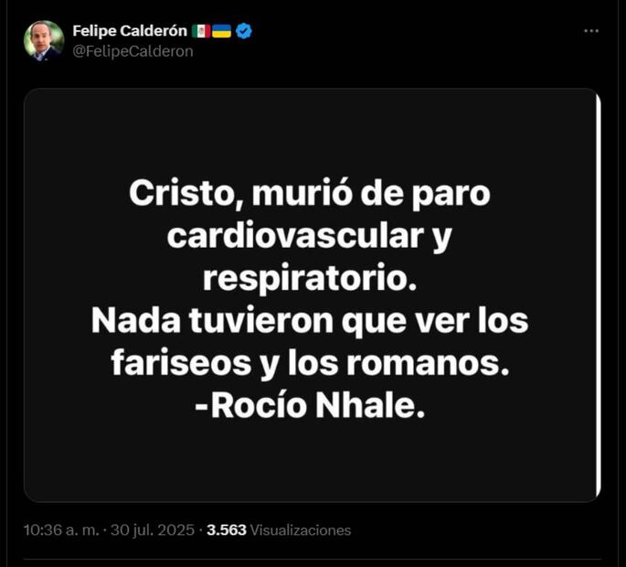 El expresidente Felipe Calderón ironiza sobre lo dicho por la gobernadora de Veracruz, Rocío Nahle. Foto: Captura de pantalla de la cuenta de X de  @FelipeCalderon.