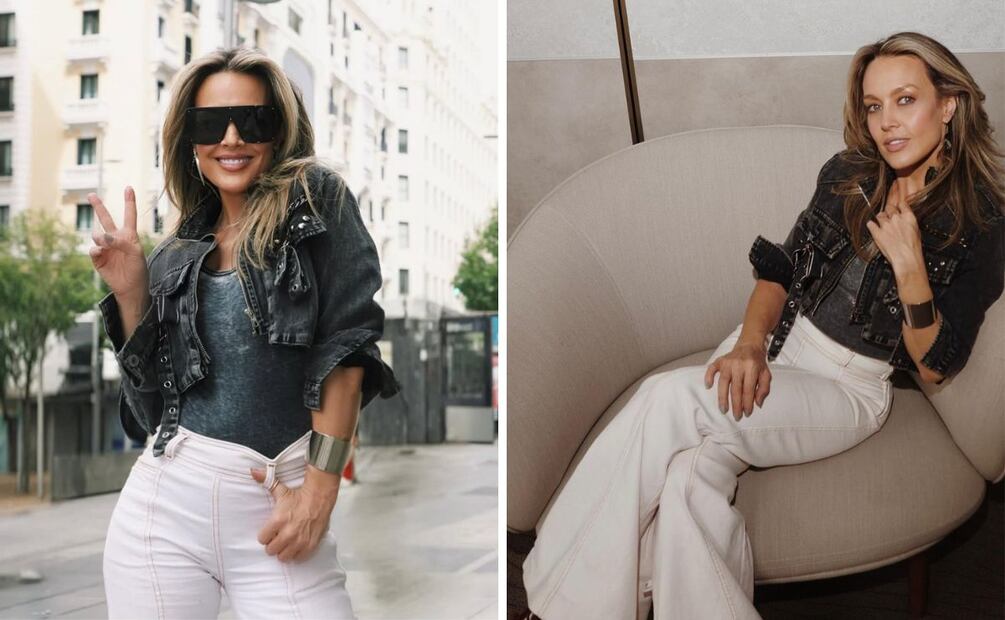 Fey luce jeans blancos de cintura alta con chamarra corta. Foto: Especial. Instagram @fey