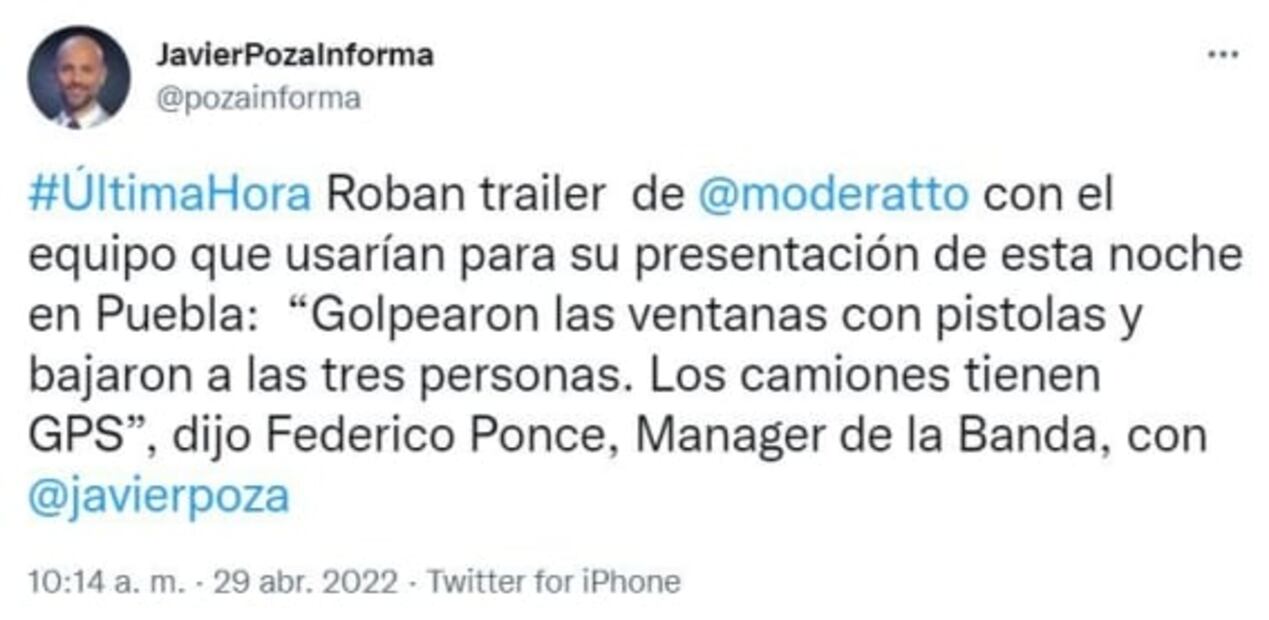 Moderatto sufre robo de su equipo musical en autopista México-Puebla