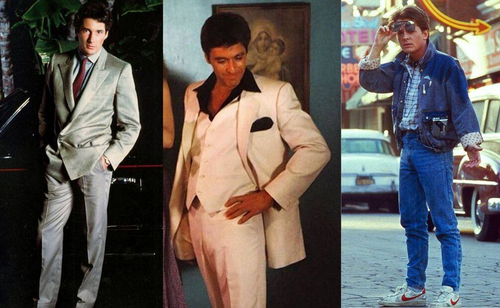 El atractivo porte de Richard Gere (izq.) con un sobrio Armani; el arrebatador estilo gansteril de Al Pacino; y el urbano conjunto en mezclilla de Michael J. Fox, sintetizaban opciones preferentes a la hora de vestir, según la ocasión. Imágenes: Pinterest.