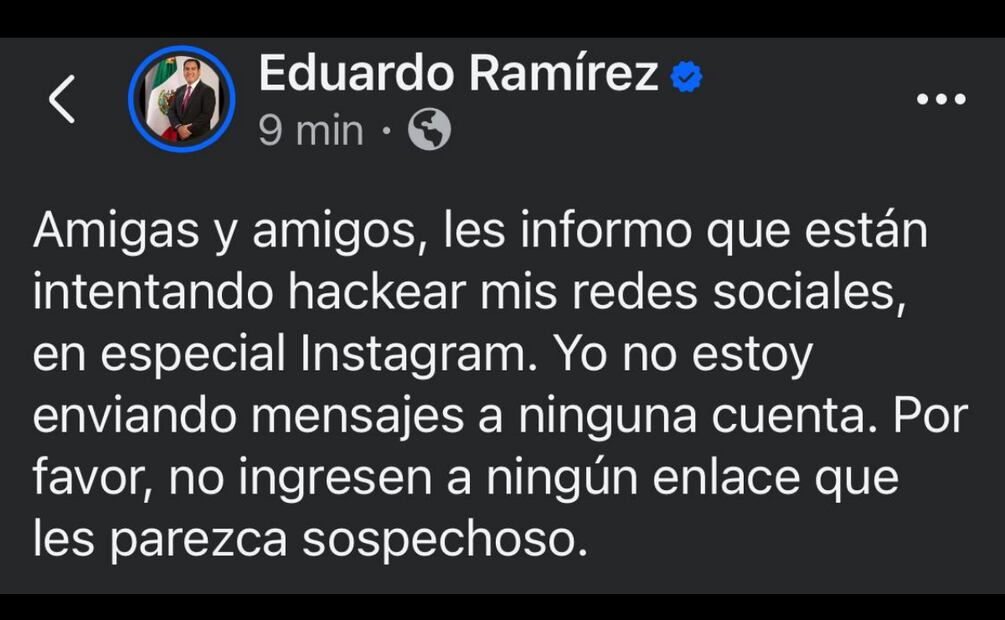 Intentan hackear Instagram de Eduardo Ramírez, gobernador de Chiapas (09/07/2025). Foto: Captura de pantalla