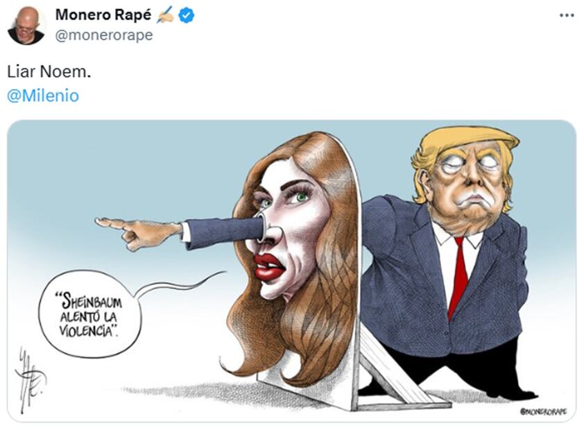 Carton de Rapé, con el texto "Sheinbaum alentó la violencia" según Kristi Noem. Fuente: X