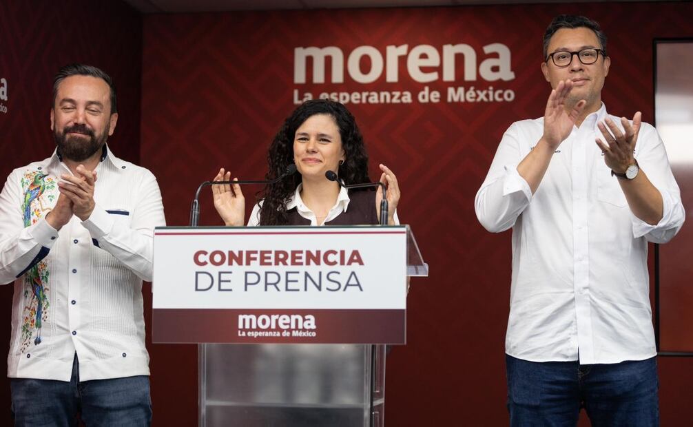 Conferencia de prensa de la presidenta nacional de Morena, Luisa María Alcalde Luján, sobre las elecciones municipales en Veracruz y Durango. Foto Hugo Salvador