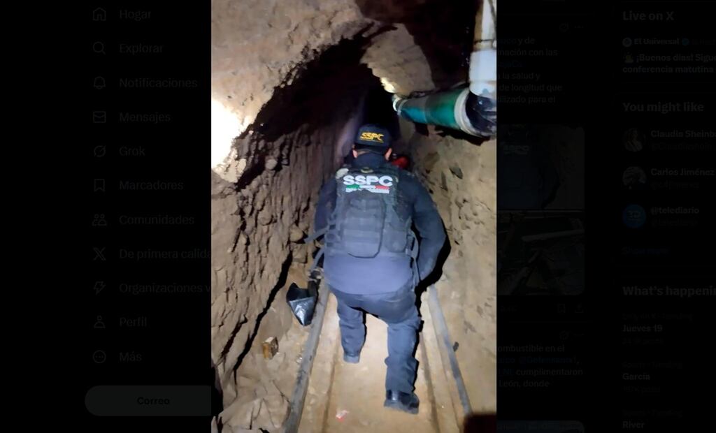 Localizaron un túnel de aproximadamente 600 metros de longitud en Tijuana, que conectaba a México con Estados Unidos y era utilizado para el trasiego de drogas. Foto: @OHarfuch