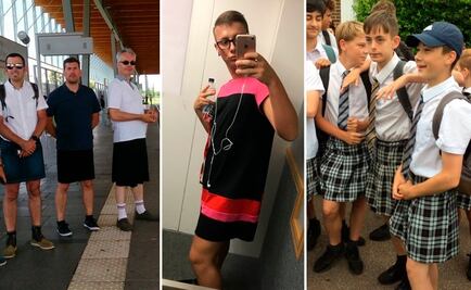 Ante el calor, hombres usan vestidos para protestar contra código de vestimenta