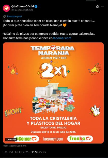 La Temporada Naranja es exclusiva de las tiendas del grupo La Comer. Esto incluye La Comer, Fresko y Sumesa, en todo el territorio nacional. 
Foto: Captura de pantalla en X