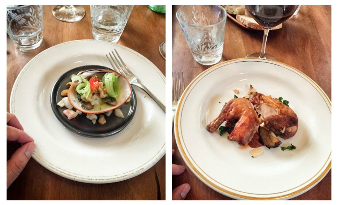 Foto: Alonso Ruvalcaba / Almeja con pepino y apio y el pollito rostizado con romescu de chiles de Rosetta