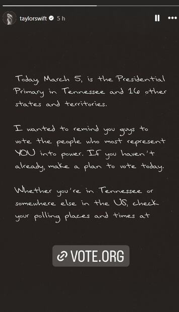 Taylor Swift invita a sus seguidores a votar.  Captura vía Instagram.