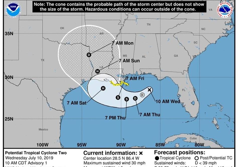 A la hora del boletín el sistema se localizaba a unos 270 kilómetros al este-sureste de la desembocadura del Misisipi (Foto: EFE)
