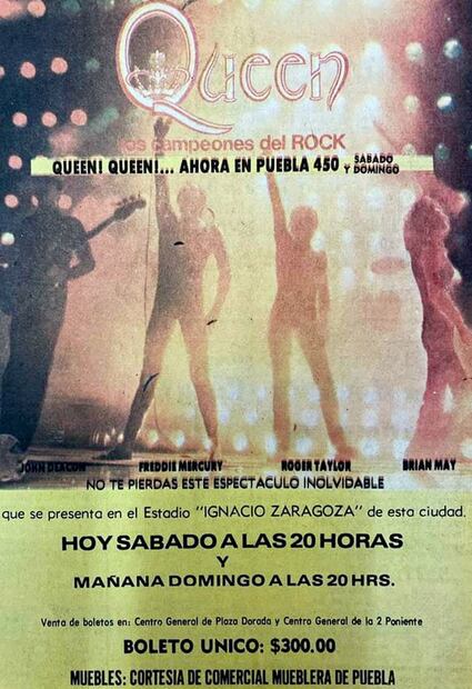“Frente a mis ojos apareció la multitud. Había miles, estaban por toda la cancha. Más allá, en el extremo opuesto del estadio, las figuras pequeñitas de Freddie Mercury y Brian May relumbraban sobre el escenario”. Se cree que hubo sobreventa de boleto para la primera fecha, algo que pudo motivar los malos resultados. Foto: ESPECIAL/Tomada de Twitter @Ultrapuebla.