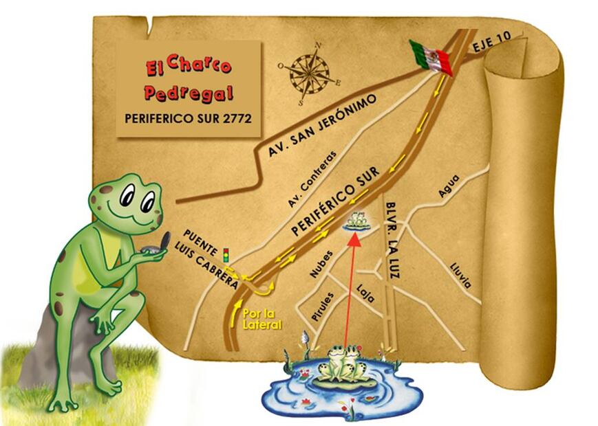 En su página web cuentan con croquis donde ilustran la ubicación de sus sucursales, esta imágen corresponde a la sucursal del Pedregal, la más antigua y popular de esta cadena de restaurantes. Foto: Sitio web El Charco de las Ranas/ Especial.