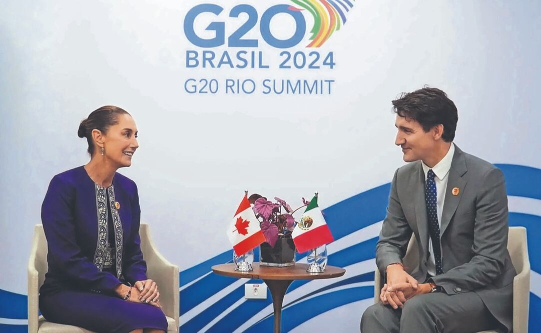 La presidenta de México, Claudia Sheinbaum, con el primer ministro de Canadá, Justin Trudeau, durante una reunión privada en el marco de la cumbre del G20, celebrada en Brasil en noviembre pasado. Foto: de EFE