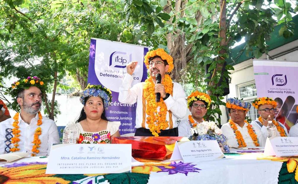 El ministro presidente de la SCJN, Hugo Aguilar, durante la puesta en operación de la primera Defensoría Pública Federal en Huejutla, Hidalgo este domingo 23 de noviembre de 2025. Foto: Especial