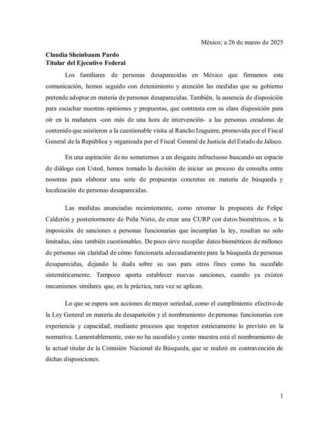 Comunicado compartido por la cuenta de Glorieta de las y los Desaparecidos. Foto: X @GlorietaMx